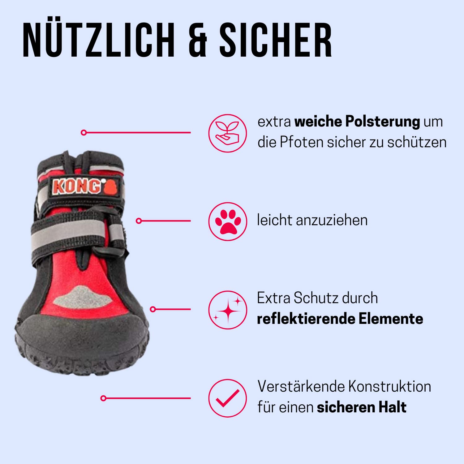 KONG Lot de 4 chaussures de sport pour très grands chiens - Taille XL - Protection des pattes de qualité supérieure avec rembourrage - Chaussures confortables pour chiens - Utilisation facile et sûre
