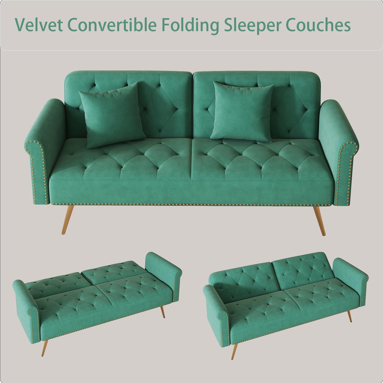 69.7” Green Sofa Bed Futon, Velvet Convertible Folding Sleeper Couches Tufted Love Seat with Featuring Nail Head Trim/ Matching Throw Pillow/ Gold Metal Legs for Living Room Apartment Office (Green)