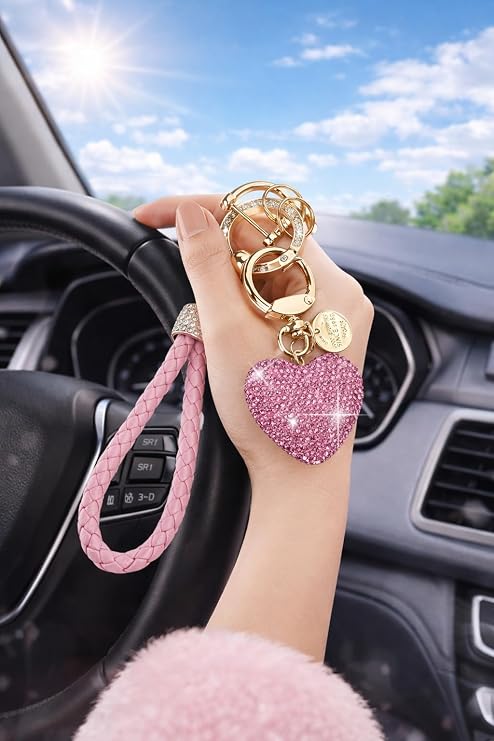 Pink Car Accessories for Women, 6 Pcs Bling Rhinestone Heart Car Decor Set with Wristlet Keychain, 4 Air Vent Clips and Rear View Mirror Hanging Charm, Cute Car Interior Accessories for Women Girls