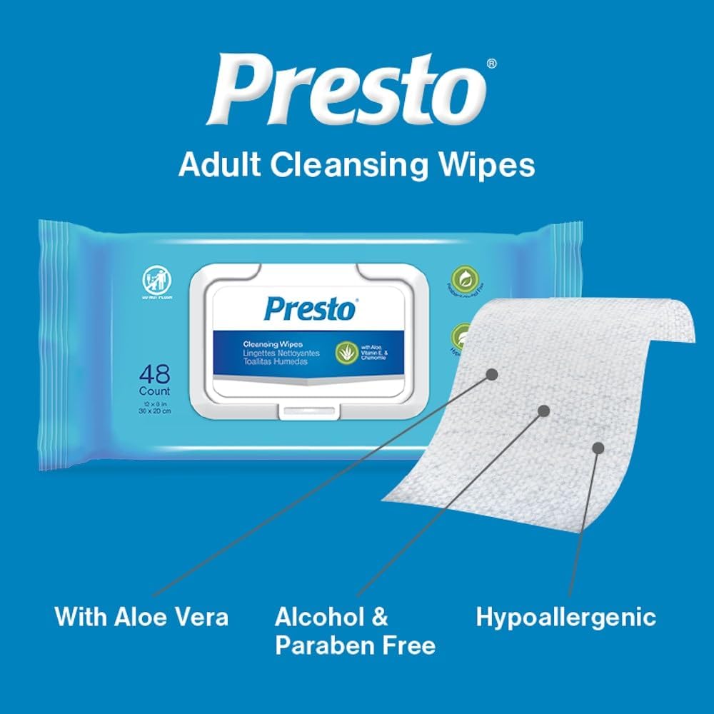 Presto Adult Cleansing Wipes – Incontinence Wipes for Adults with Aloe & Vitamin E, pH Balanced, Resealable Lid, Light Fresh Scent – 8" x 12", 12 Packs of 48 Washcloths (576 Total)
