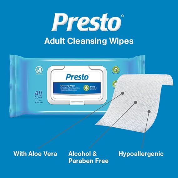 Presto Adult Cleansing Wipes w/Aloe&VitaminE, Incontinence,12Pk of 48 Wipes