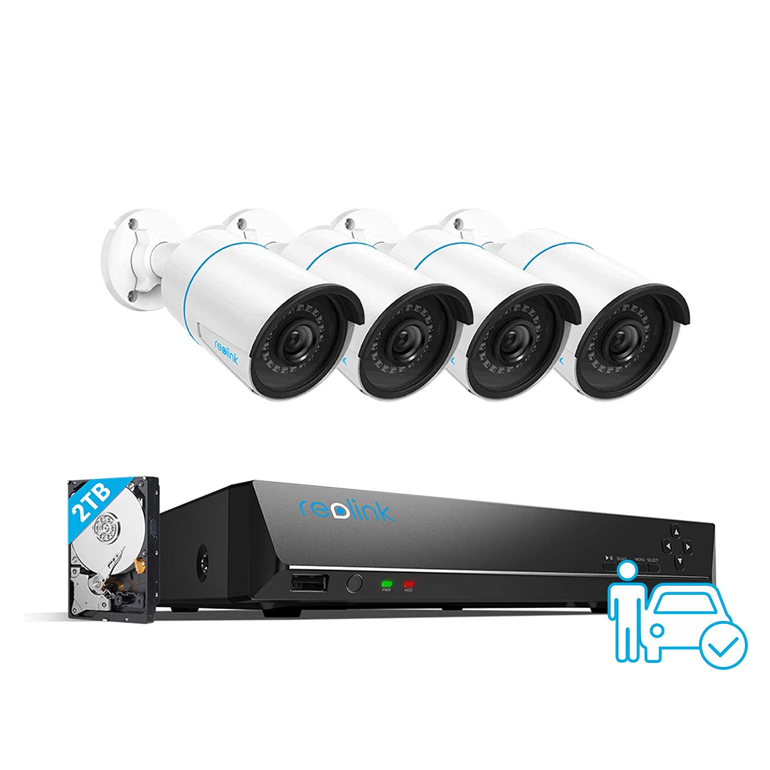 Photo 1 of REOLINK 8CH 5MP Security Camera System, 4pcs Person/Vehicle Smart Detection 5MP Wired Outdoor PoE IP Cameras, 8CH NVR with 2TB HDD for 24-7 Recording, RLK8-510B4-A (Renewed) White