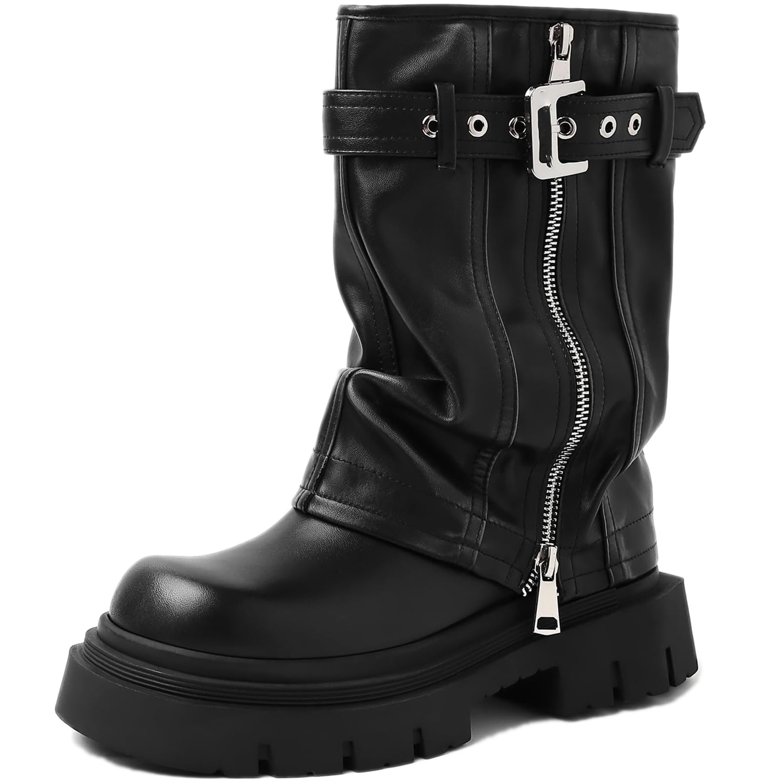 Womens Fashion Fold Over Platform Square Toe Mid Calf Boots With Side Zipper Retro Belt Buckle Comfortable Anti-slip