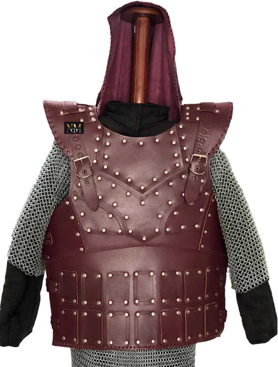 NauticalMart Medieval Leather Breastplate with Hood Viking Chest Armour Cosplay & LARP Halloween Wearable Costume Men's Knight Armor (Mahogany)