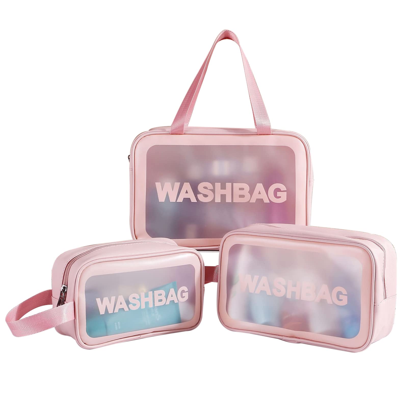 weallbuy Clear Toiletry Bag, 3 PCS Makeup Cosmetic Bag Transparent Travel Wash Bag for Women and Girls, Pink, Cosmetic Bags