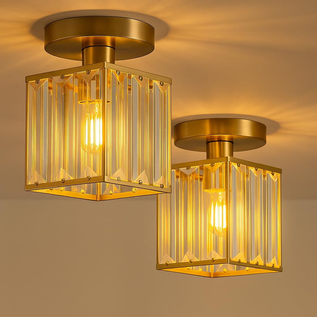 LEDSone Crystals Ceiling Light Fixtures Chandelier, Small Semi Flush Mount Ceiling Light Fitting for Hallway Entrance Kitchen Bedroom Dining Rooms Living Rooms Bar(2 Pack Gold)