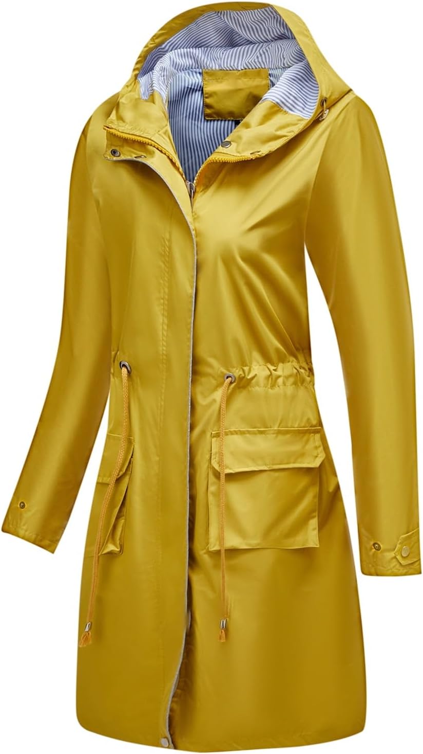 Women's Hooded Raincoat Outerwear Long Rain Jacket Midi Windbreaker Pockets Water-resistant Spring Anorak Coat