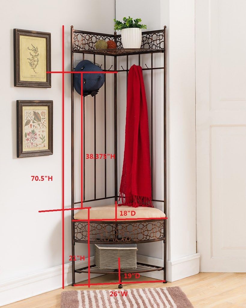 Kings Brand Furniture Brushed Copper Metal Corner Entryway Hallway Storage Bench with Coat Rack