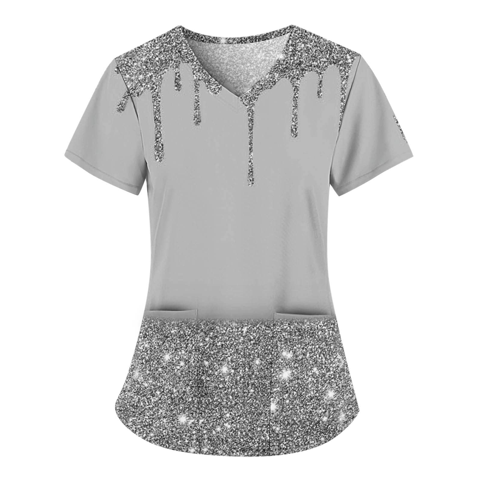 GenericWomens Scrub Tops Independence Day Cartoon Print Work Uniform with Pockets Breathable Short Sleeved V Neck Holiday Workwear