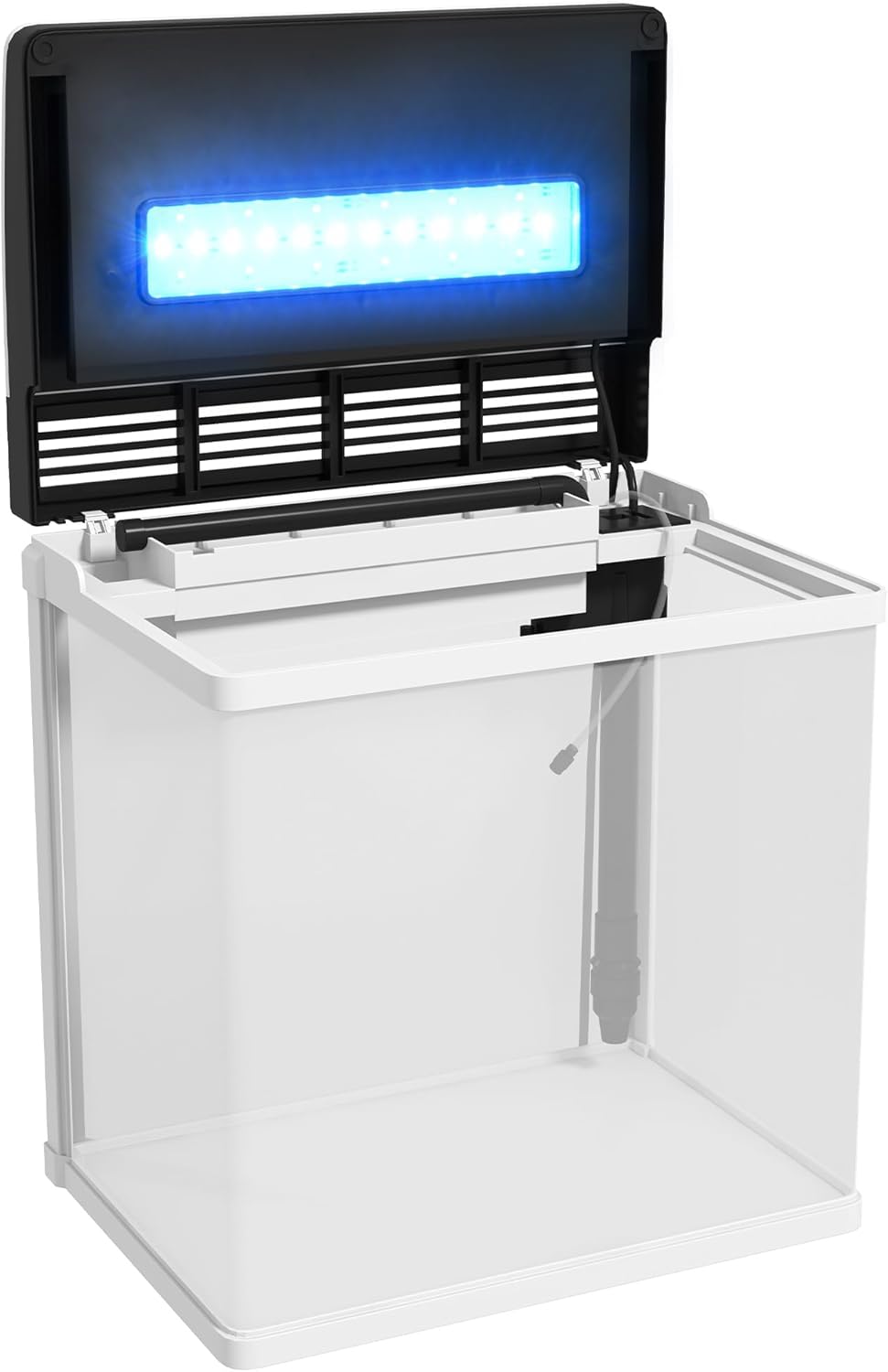 Top view of open aquarium lid showing LED light and filter compartment