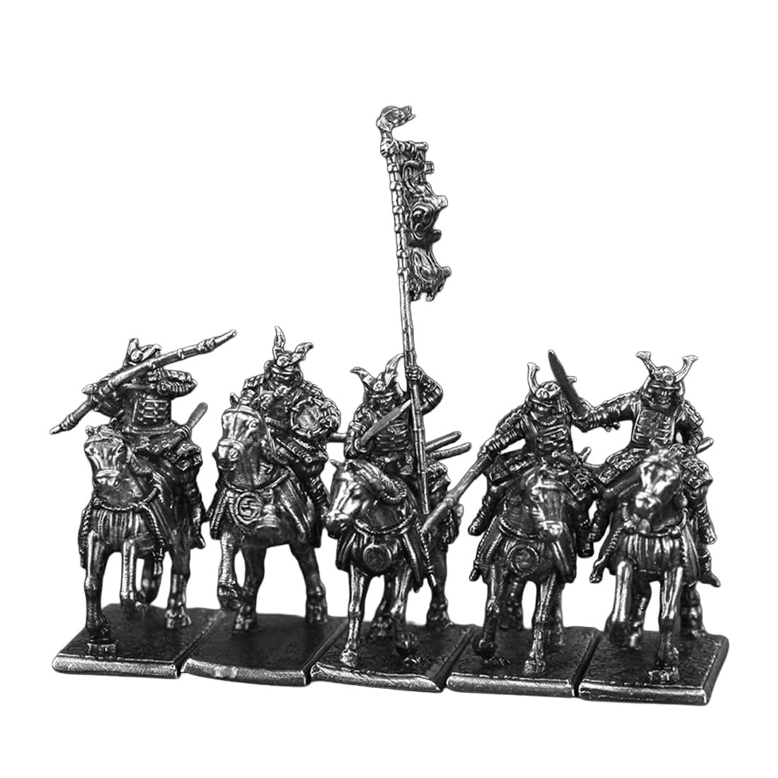 Cubertime Sengoku Cavalry Miniatures 5PCS, Metal Mounted Knight Miniature Set, 28mm D&D Figures with Banner for Warlord Games, Samurai Wargaming