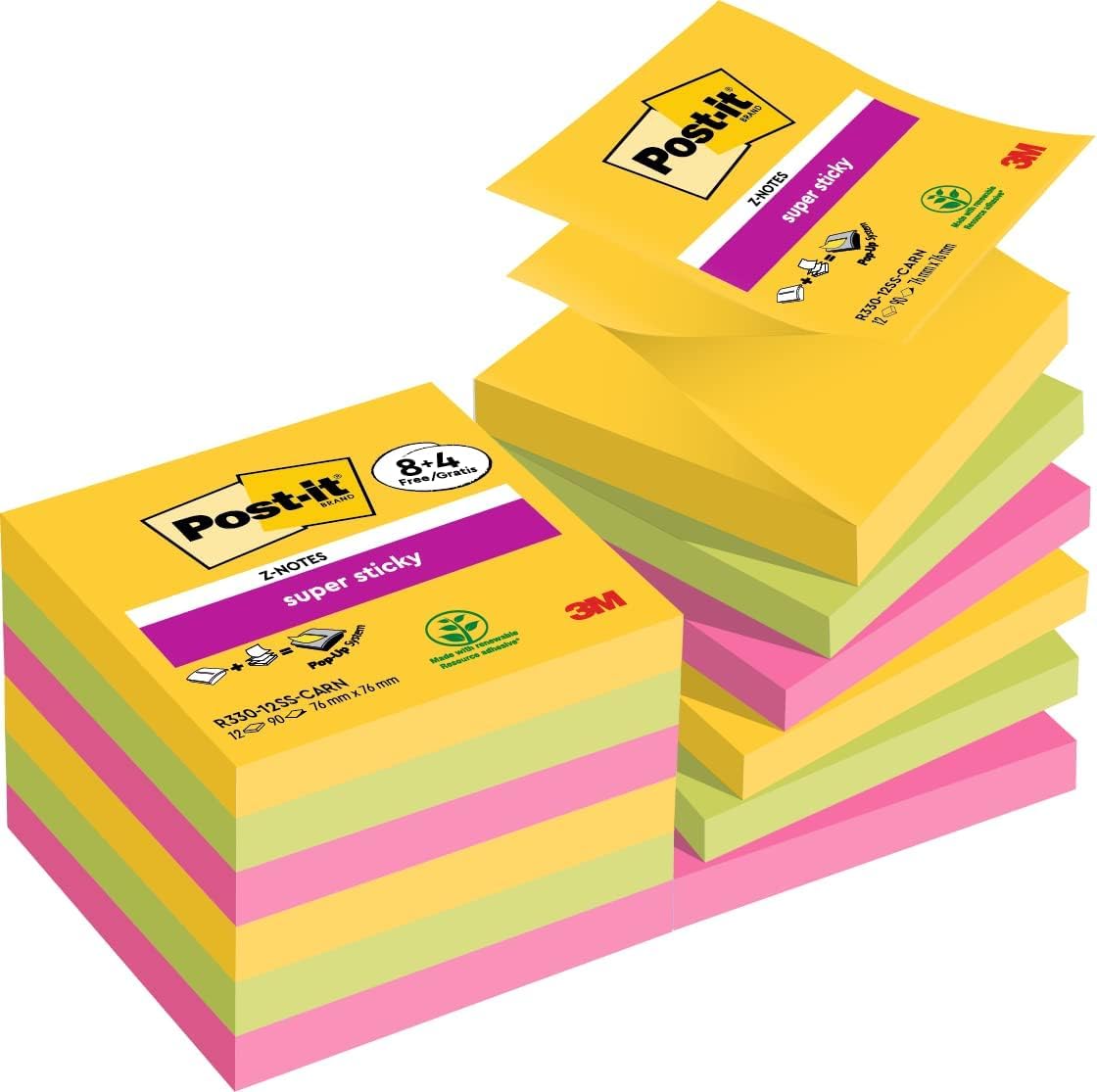 Post-it Super Sticky Z-Notes Carnival Collection, Vorteilspackung mit 8 Blöcken + 4 Gratisblöcke, 90 Blatt pro Block, 76 mm x 76 mm, Gelb, Grün, Pink - Für Notizen, To-Do-Listen & Erinnerungen