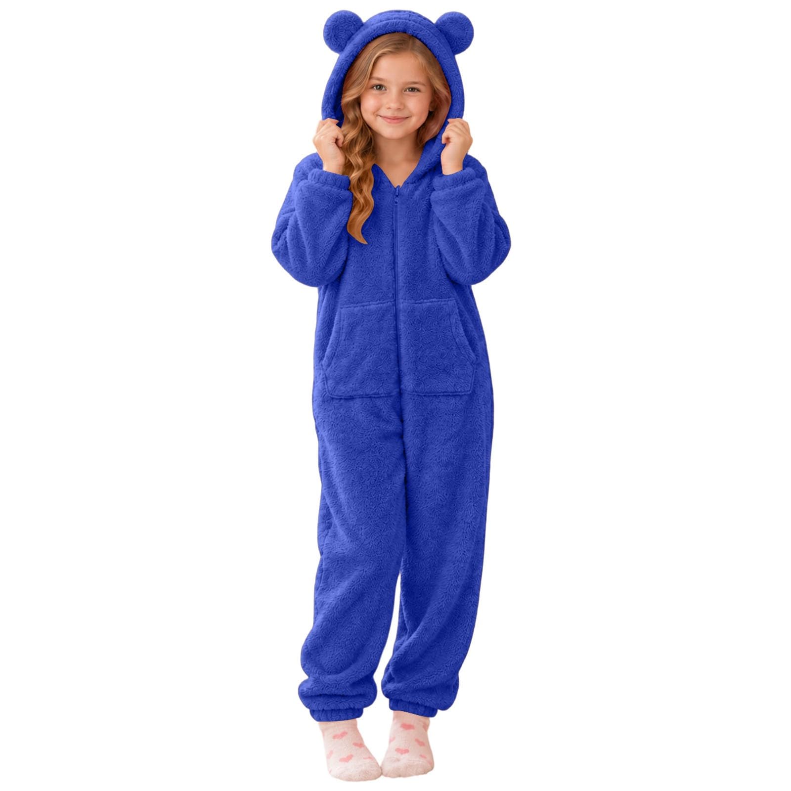 Girls Animal Onesie Fleece Fuzzy Warm Sherpa Bed Jumpsuit with 3D Hood