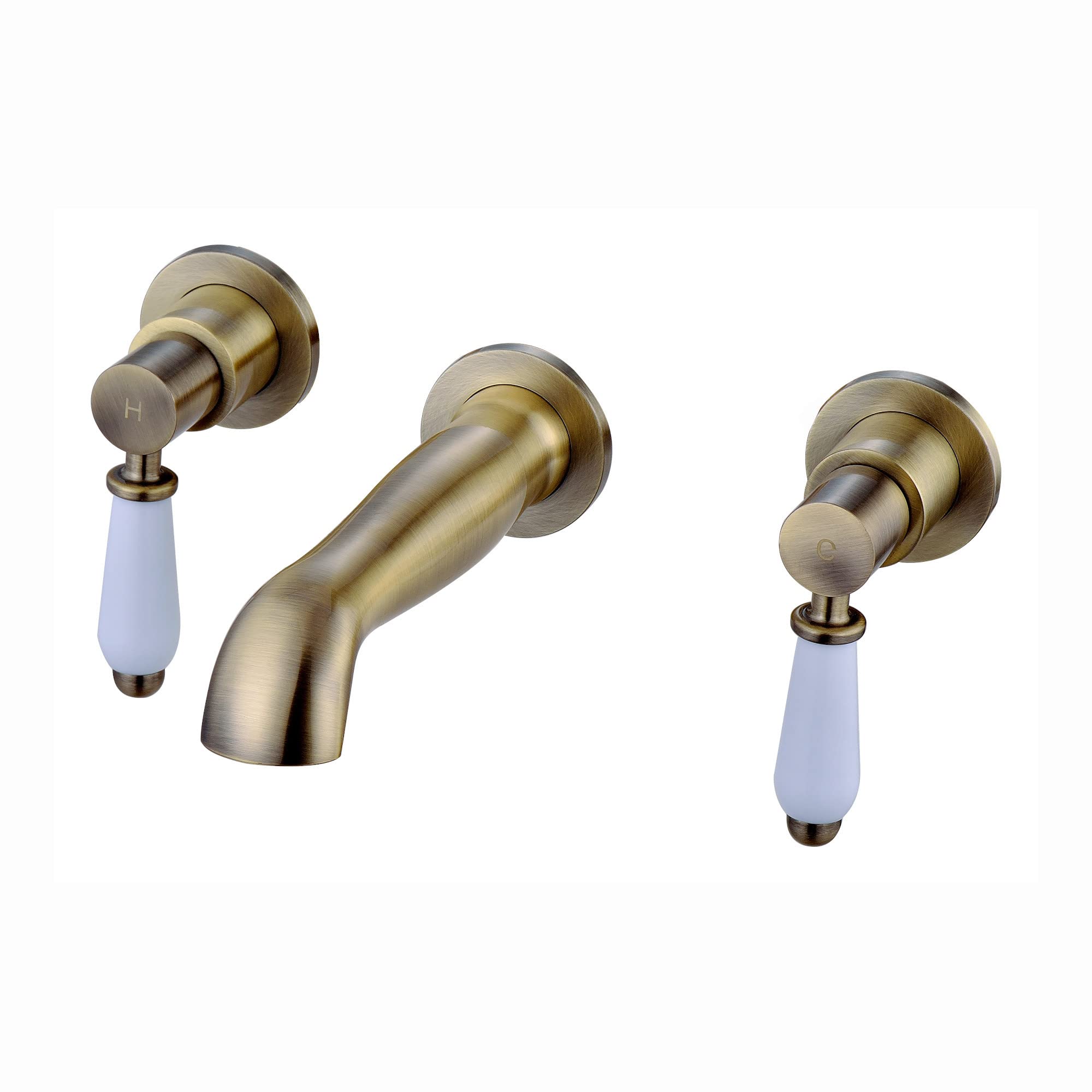 Enki Antique Brass Downton, Bt0805, Wall Mounted Basin Mixer Tap, 3 Hole, Traditional White Ceramic Twin Levers, Solid Brass Mixer Taps For Bathroom, Easy To Install, 10-Year Guarantee