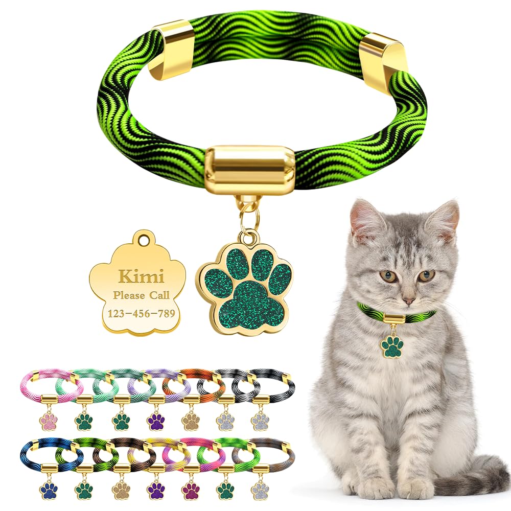 Personalized Breakaway Cat Collars with Magnetic Quick Release Buckle, Custom Engraved Name Tag for Cats (Wavy Black Green)