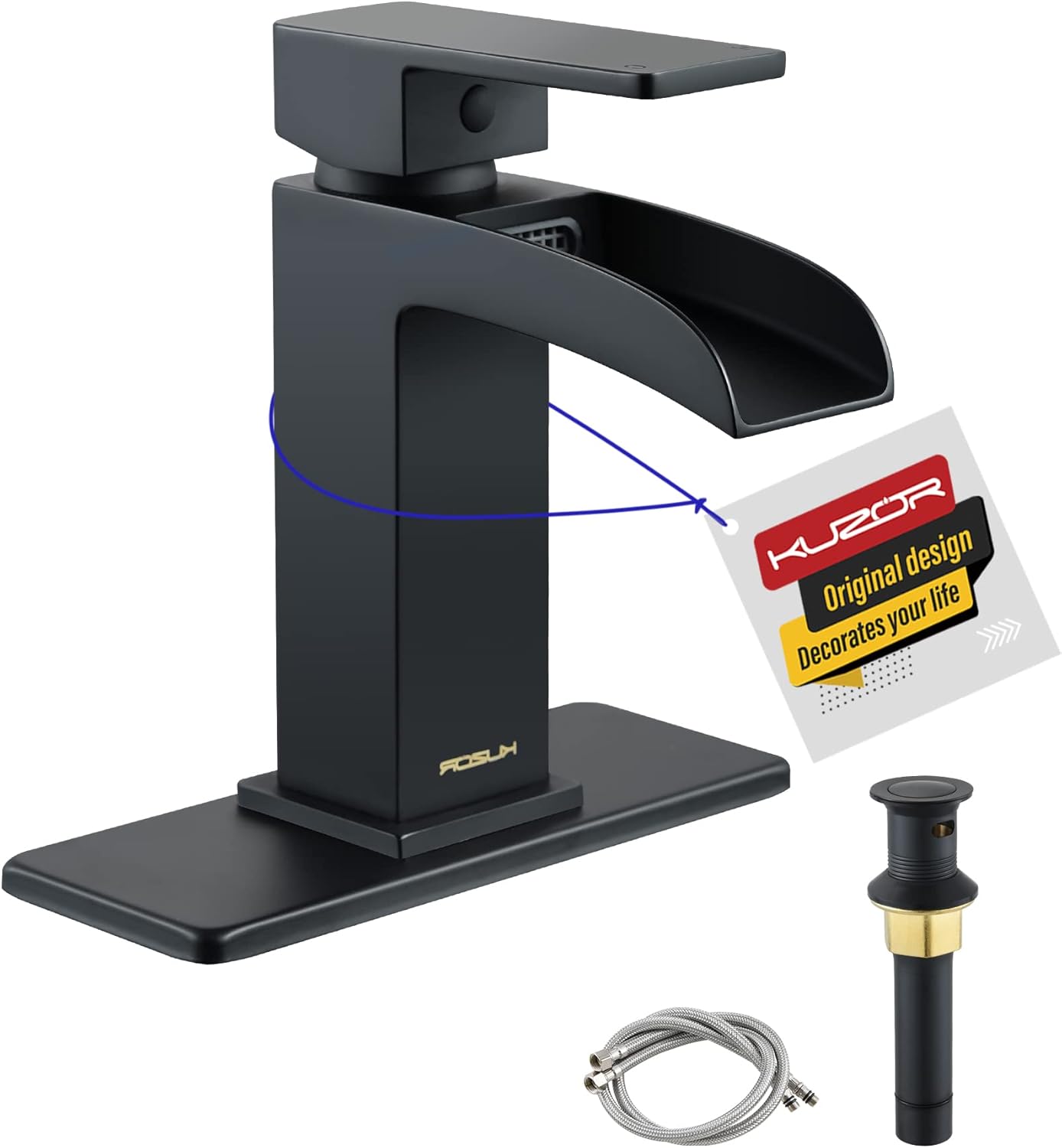 All components of the KUZOR Matte Black Waterfall Bathroom Faucet package, including the faucet, pop-up drain, and water hoses.