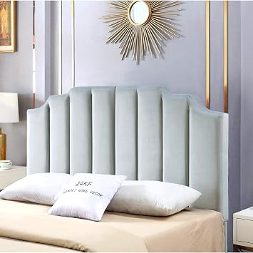 24KF Velvet Tufted Upholstered Headboard, Modern Vertical Channel Design with Stepped Silhouette Top Edge, Queen/Full Headboard,Steel Gray