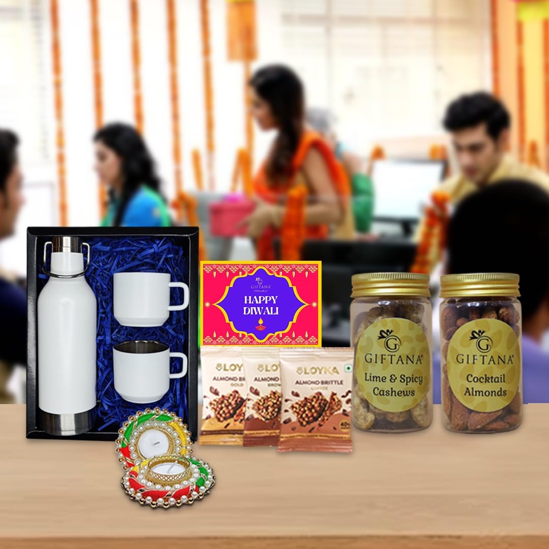 Giftana Vacuum Flask Set with 2 Cups,Loyka Brittle, Diwali Card, 2 Tealight Diya Gift Set, Diwali Gifts for Friends Diwali Corporate Gifts for Employees,Clients- (White,500ml)