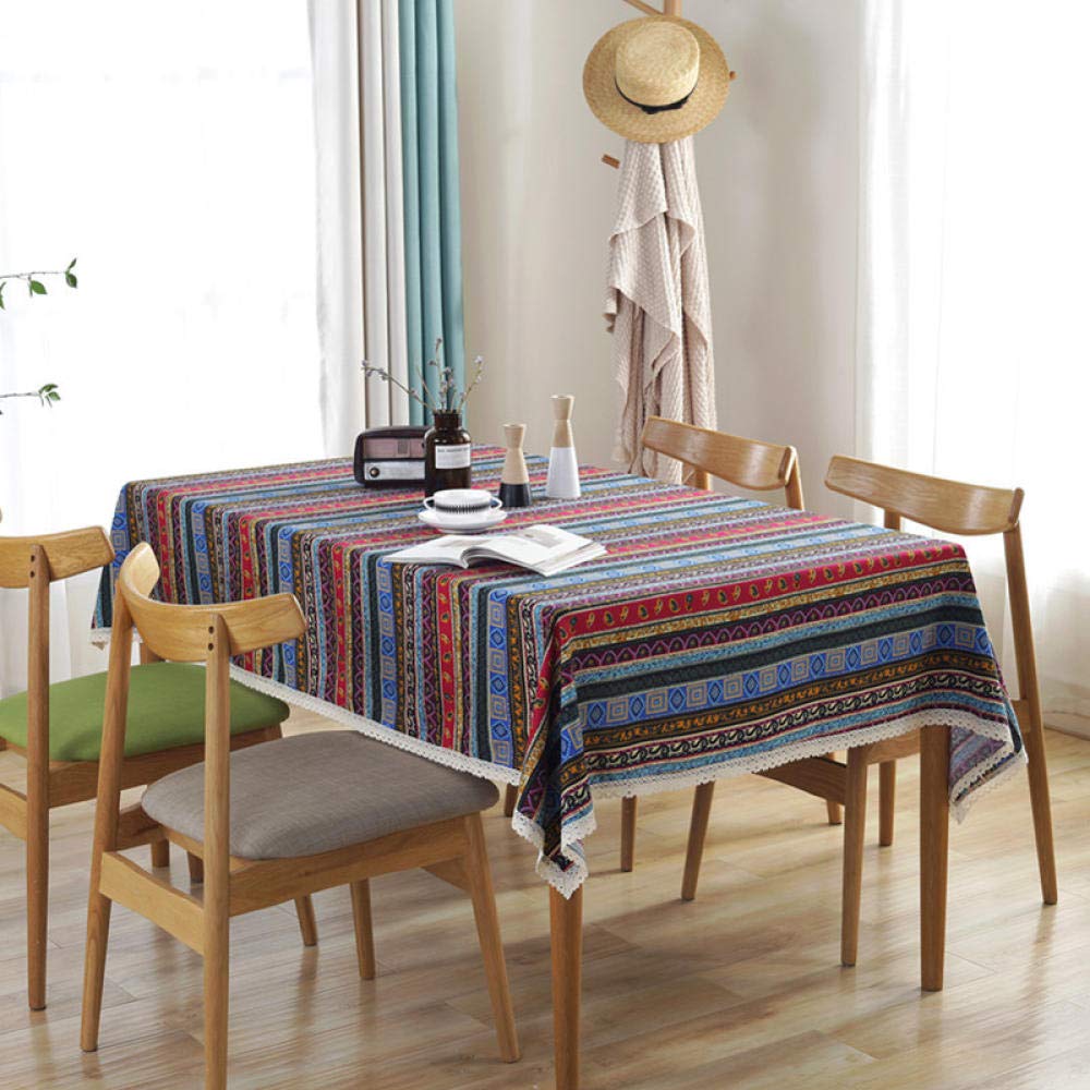 Nappe coton lin bohemienne raye retro avec dentelle pour table rectangulaire 90x140 cm