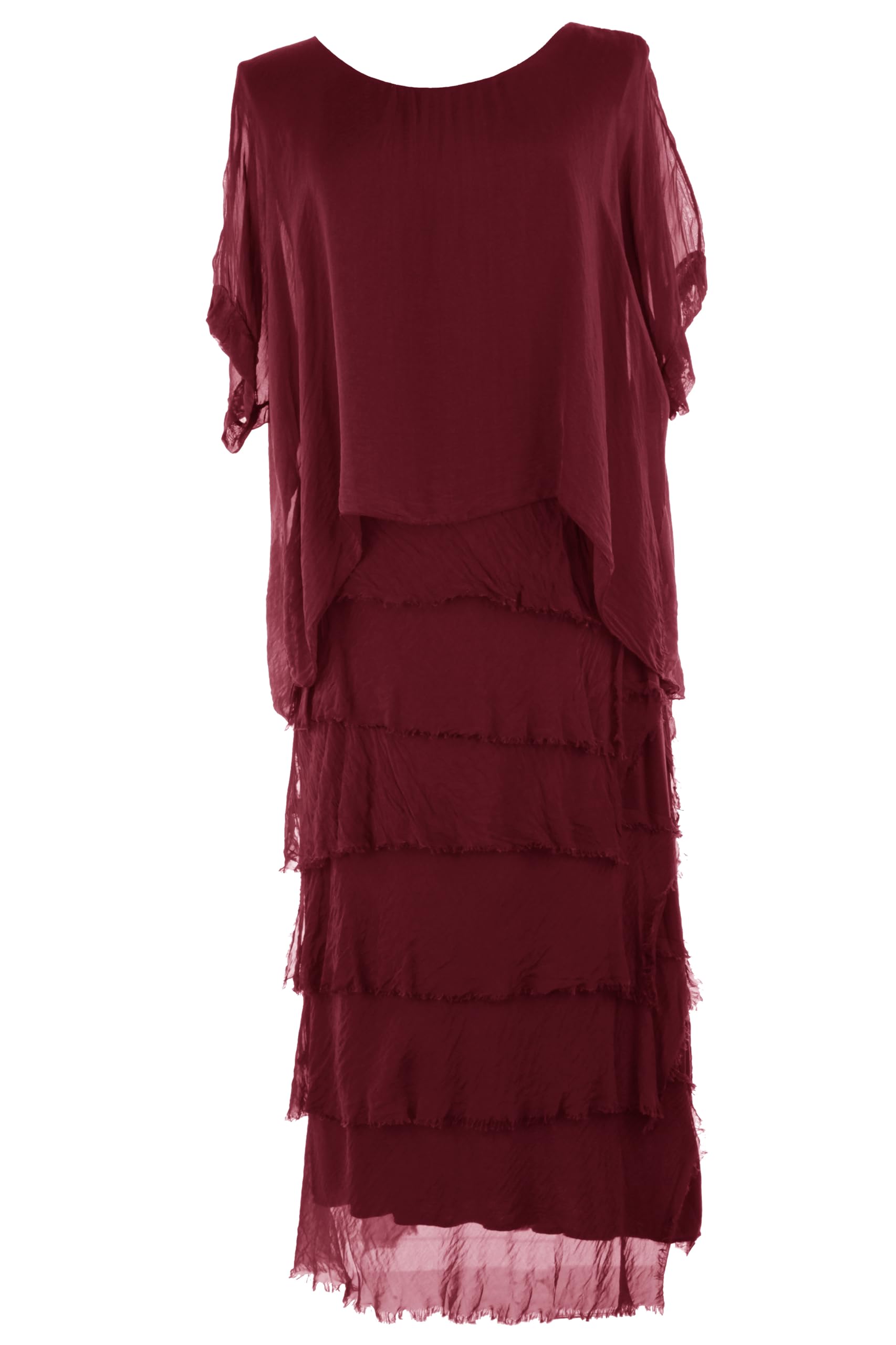 TEXTURE Ladies Womens Italian Lagenlook Plain Short Sleeve Frill RARA Frayed Detail Silk Midi Maxi Dress One Size