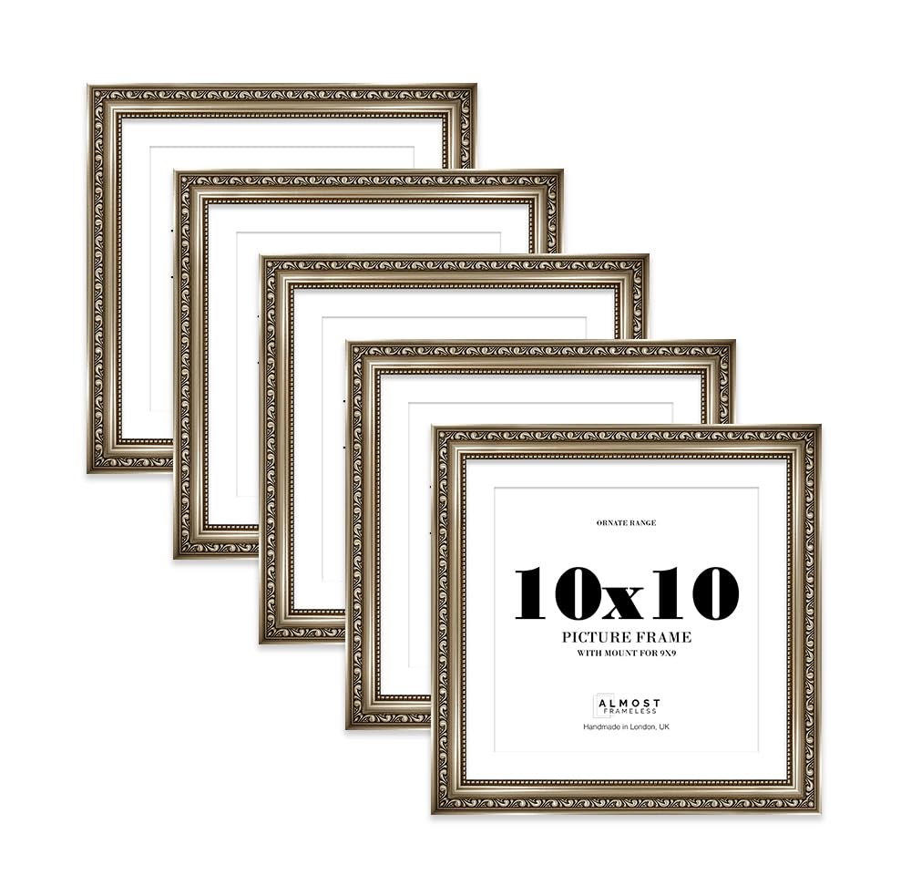 Gunmetal Ornate Picture Frame 10x10 With 9x9 Mount for Photos - Wall & Table Display, Square, 5 Pack