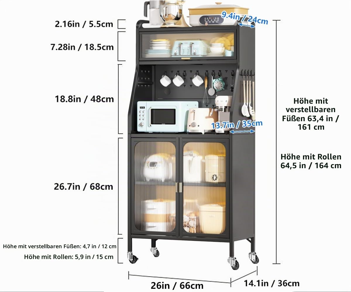 Küchenschrank, Buffetschrank Küchenschränke, 5-stufiges Vorratsschrank,Mikrowellenschrank mit Close-Funktion,erstellbare Einlegeböden und Kabelloch mit Sichtbare Türen Schwarz (66x36x164cm)