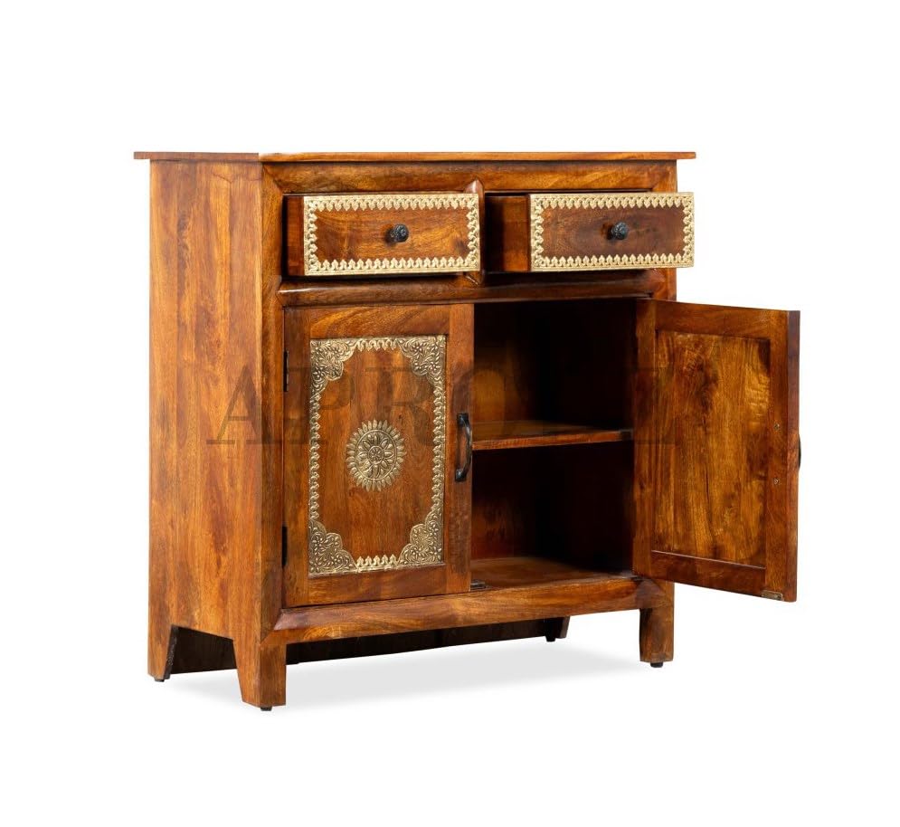 Image of APRODZ Hand-Painted Solid Wood Sideboard Cabinet with 2 Doors & 2 Drawers | Brass Fitted Wooden Storage Cabinet for Bedroom Living Room & Kitchen | Crockery Cabinet, Kitchen Storage, 36x16x36