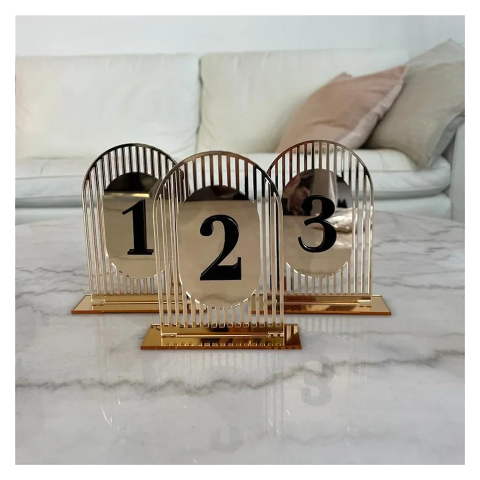Portanúmeros de Mesa, Número de Mesa con Espejo Dorado Números Arco Entrada Doble Capa(Silver,Table 1 5)