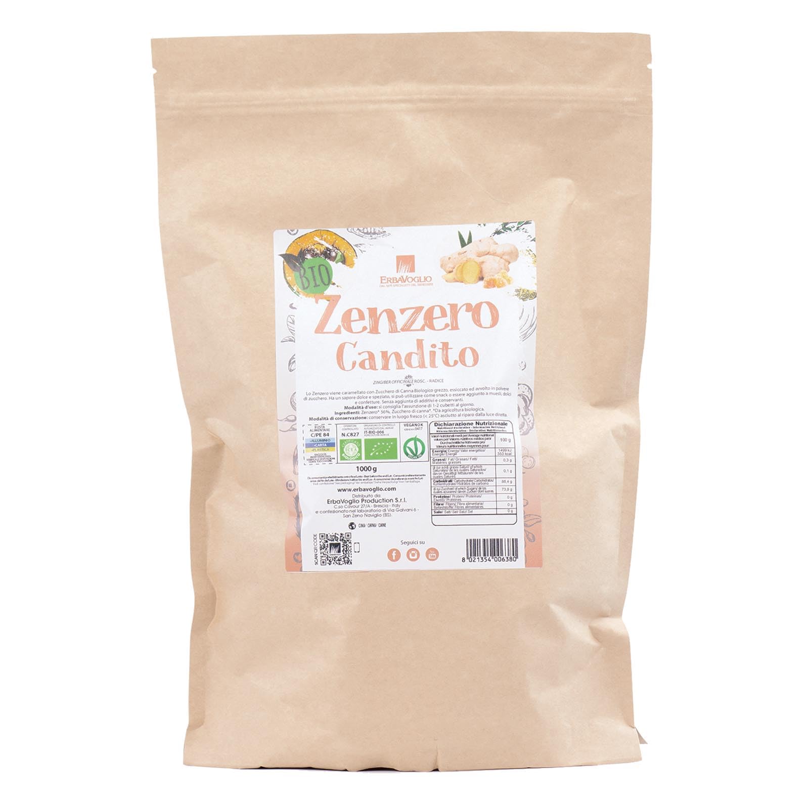 Erbavoglio Zenzero Candito Bio - 1 kg - Alimento biologico - Snack piccante e aromatizzato, ricco di oli essenziali e fenoli, ideale per digestione e nausea.