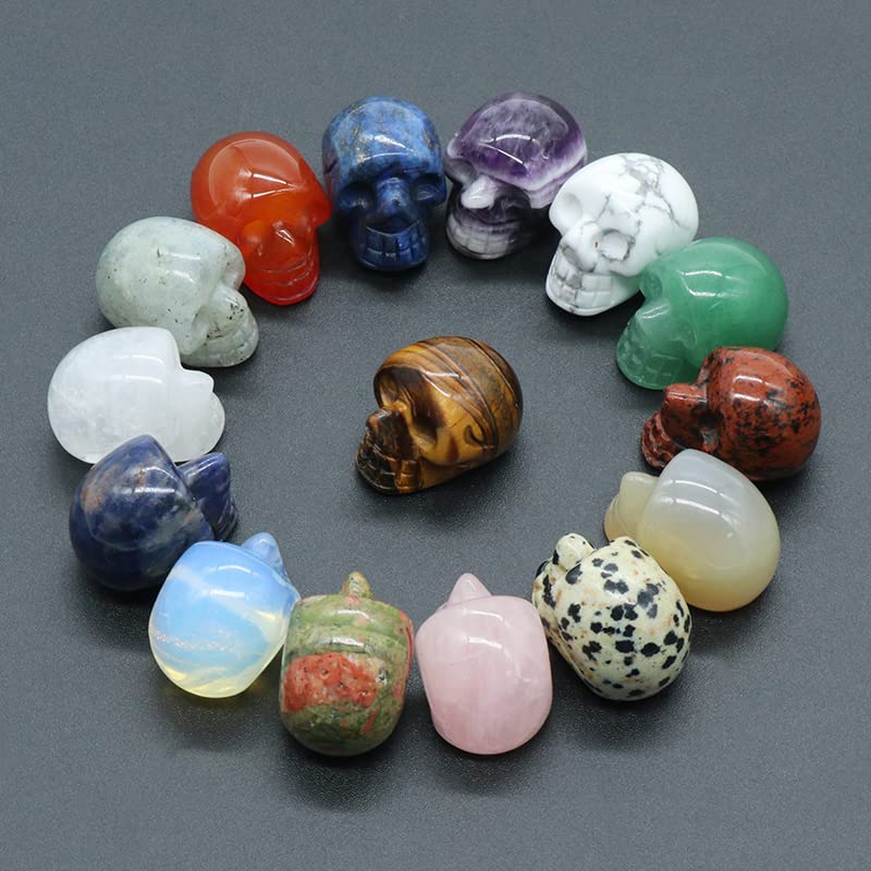 LE SKY 6 Pcs Natural Stone Decorations Skull Shape No Hole Healing Reiki Energy Quartz Crystal Palm Gemstones Statue Charms for Home Office Table Ornament Artwork