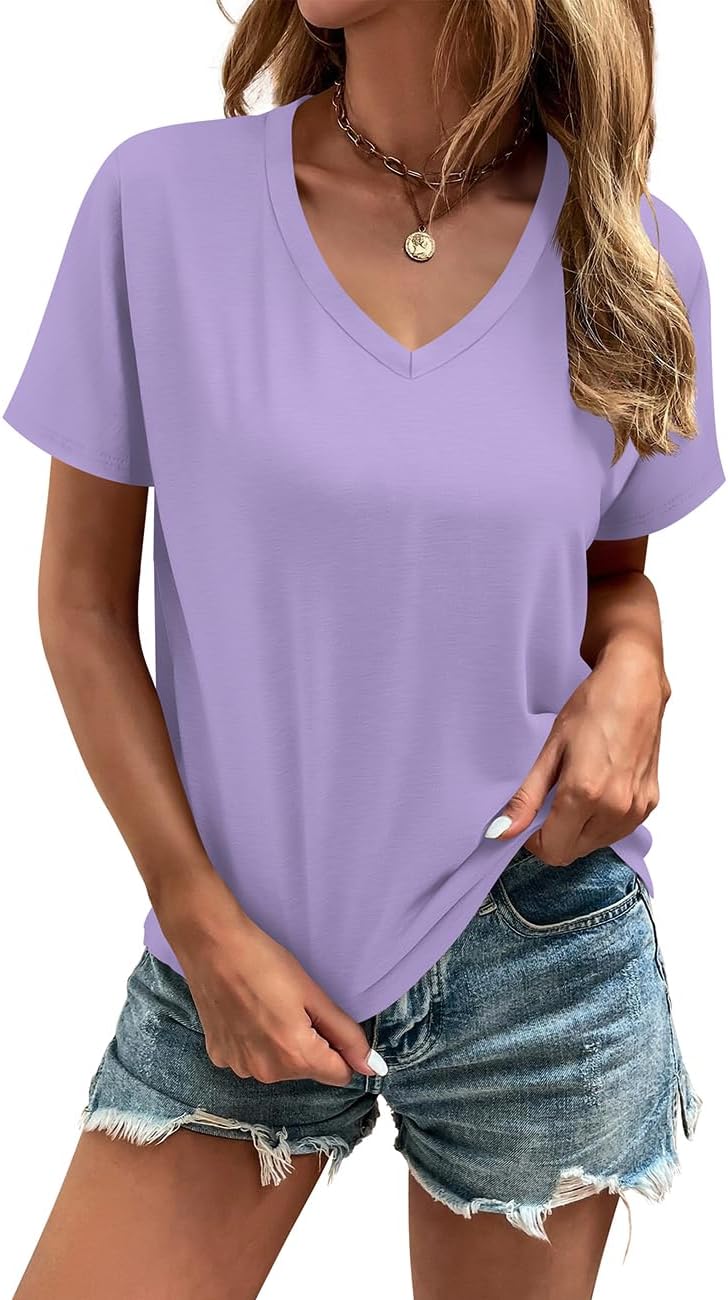 Cosonsen Women's Tops V-Neck Short Sleeve Tshirts Tees Casual Summer Top - Image 2