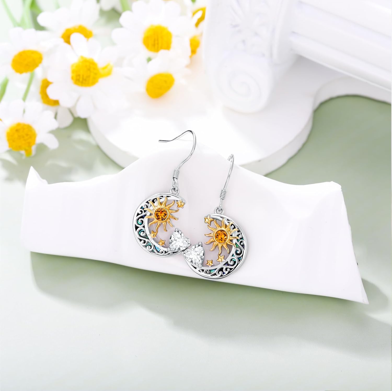 AOBOCO Heart Birthstone Earrings Sterling Silver Sun and Moon Dangle Drop Earrings for Women Mom - Image 2