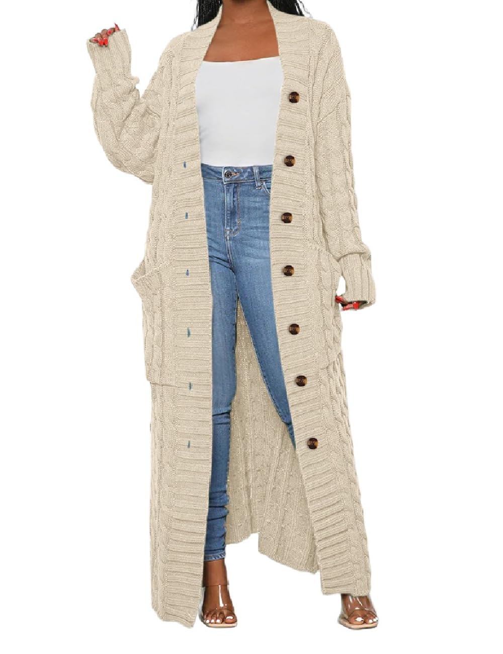 Womens Stylish Cable Knit Dual Chunky Cardigan with Button, Floor Length Maxi Cardigans-image-33