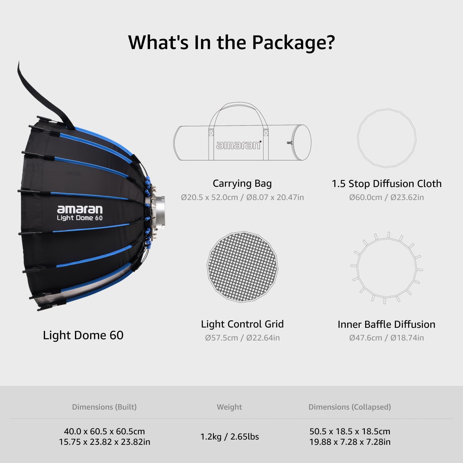 Amaran Light Dome 60, softbox circolare a 16 lati da 60 cm con design a rilascio rapido, attacco Bowens per luce morbida ideale per ritratti, interviste e creazione di contenuti video