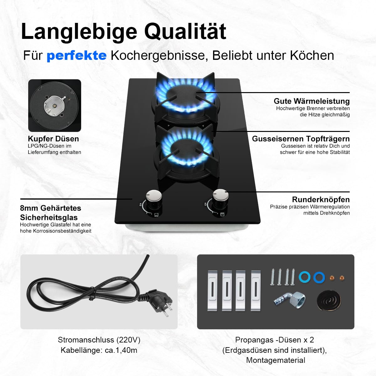 SNDOAS Piano Cottura 2 Fuochi Gas, 30 cm Piano Cottura Vetro con Protezione Automatica Della Fiamma, Gas Naturale e Gas Propano, Incorporato, Nero, 4200 W, 220-240 V