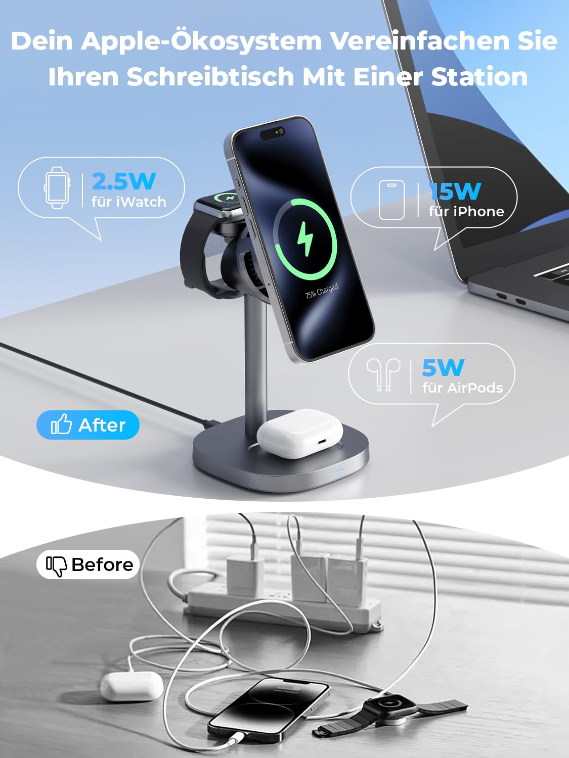 Havit Qi2 MagSafe Stazione di ricarica con raffreddamento attivo, caricabatterie 3 in 1 per Apple Watch e iPhone, caricatore wireless per iPhone 17/16/15/14/13/12 Max/Air/Plus/Pro, Apple Watch