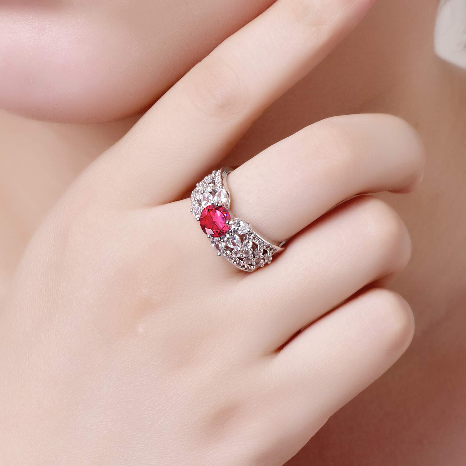 Emsione 925 Sterling Silver Plated Floral Cubic Zirconia Round Brilliant Cut Anniversary Wedding Engagement Ring Band for Women Size 9 Color Red