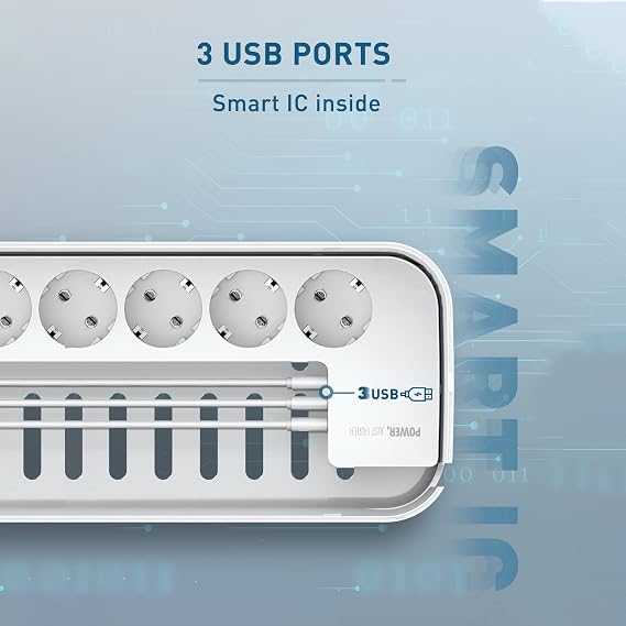 Cable Box with Power Strip USB C Surge Protection 5-Way Multiple Socket with 3 USB Charging Ports Cable Organiser Box Socket Adapter 29.5 x 14 x 14 cm 2 m Cable White