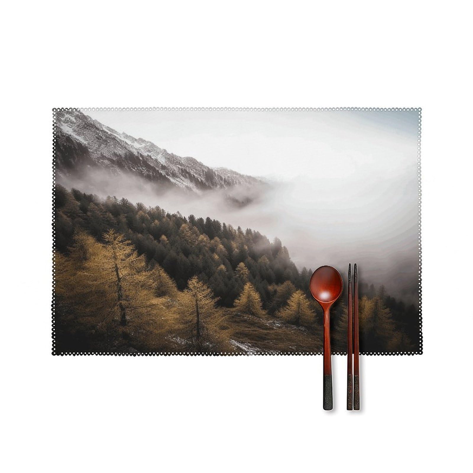 Landscape of Trees And Mountain Surrounded by Fog Placemats Set of 6 Heat Resistant Non-Slip Table Mats Washable Indoor Outdoor Place Mats Rustic Vintage Seasonal Placemat for Kitchen Dining Outdoor P