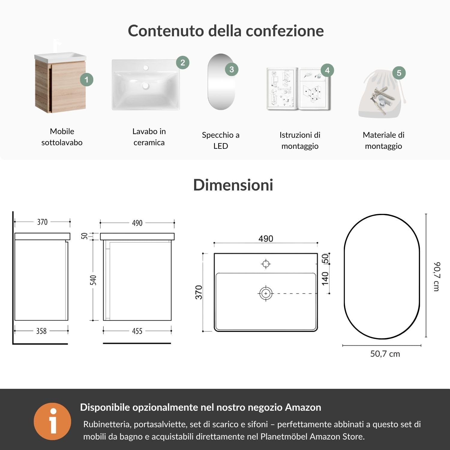 Planetmöbel Mobile sottolavabo 50 cm con specchio da bagno con illuminazione ovale, set di mobili da bagno con lavabo, sospeso, rovere Sonoma