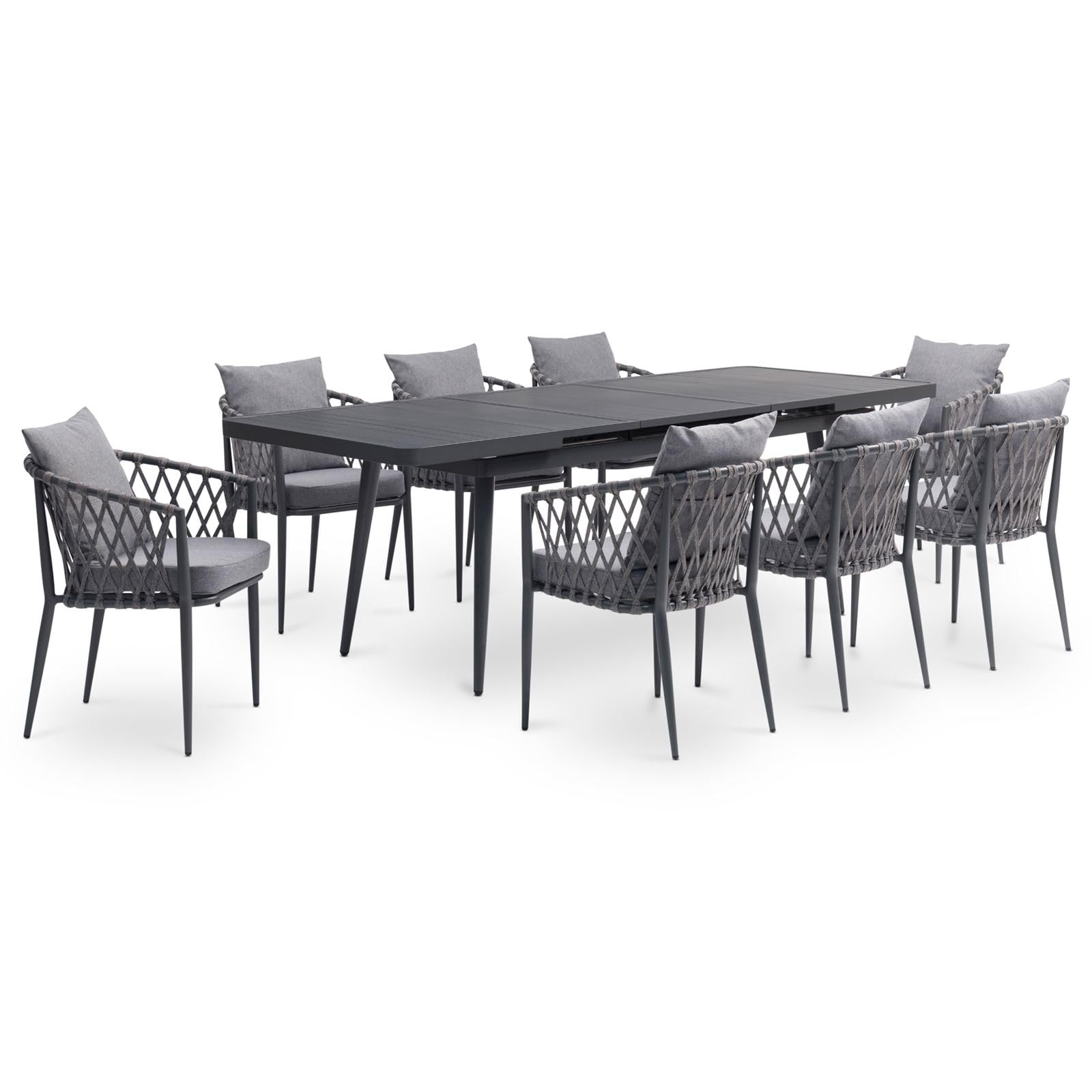 IDIMEX Gartenmöbel Set Sunny mit ausziehbarem Esstisch und 8 Stühlen, Esstisch Gestell aus Alu in schwarz, Seilbespannung der Stühle in grau, Essgruppe inkl. Sitzkissen, Terassenmöbel