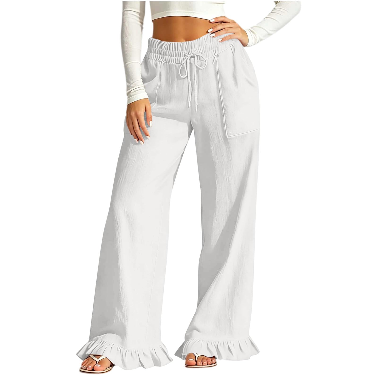 Générique Pantalon Large en Style Lin avec Volants Au Bas pour Femme - Pantalon Décontracté avec Poches Et Taille Élastique, Idéal comme Pantalons D'Été pour Le Quotidien Et Les Sorties.