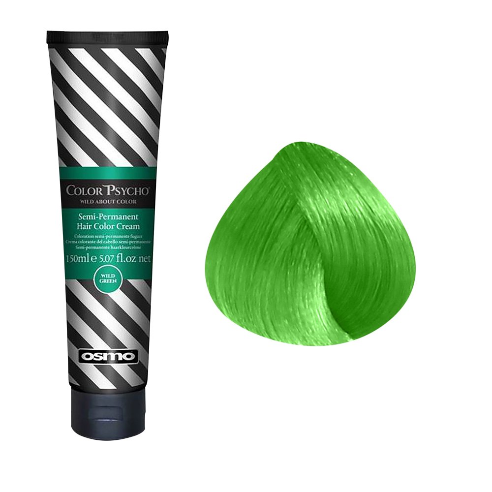 Osmo Color Psycho Semi-Permanent Hair Color Cream tube next to a swatch of vibrant green hair