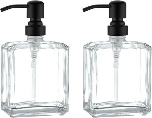 Miniatura 7 de Kmeino Juego de 2 dispensadores de jabón cuadrado de vidrio transparente, dispensador de jabón de manos recargable con bomba de acero inoxidable a