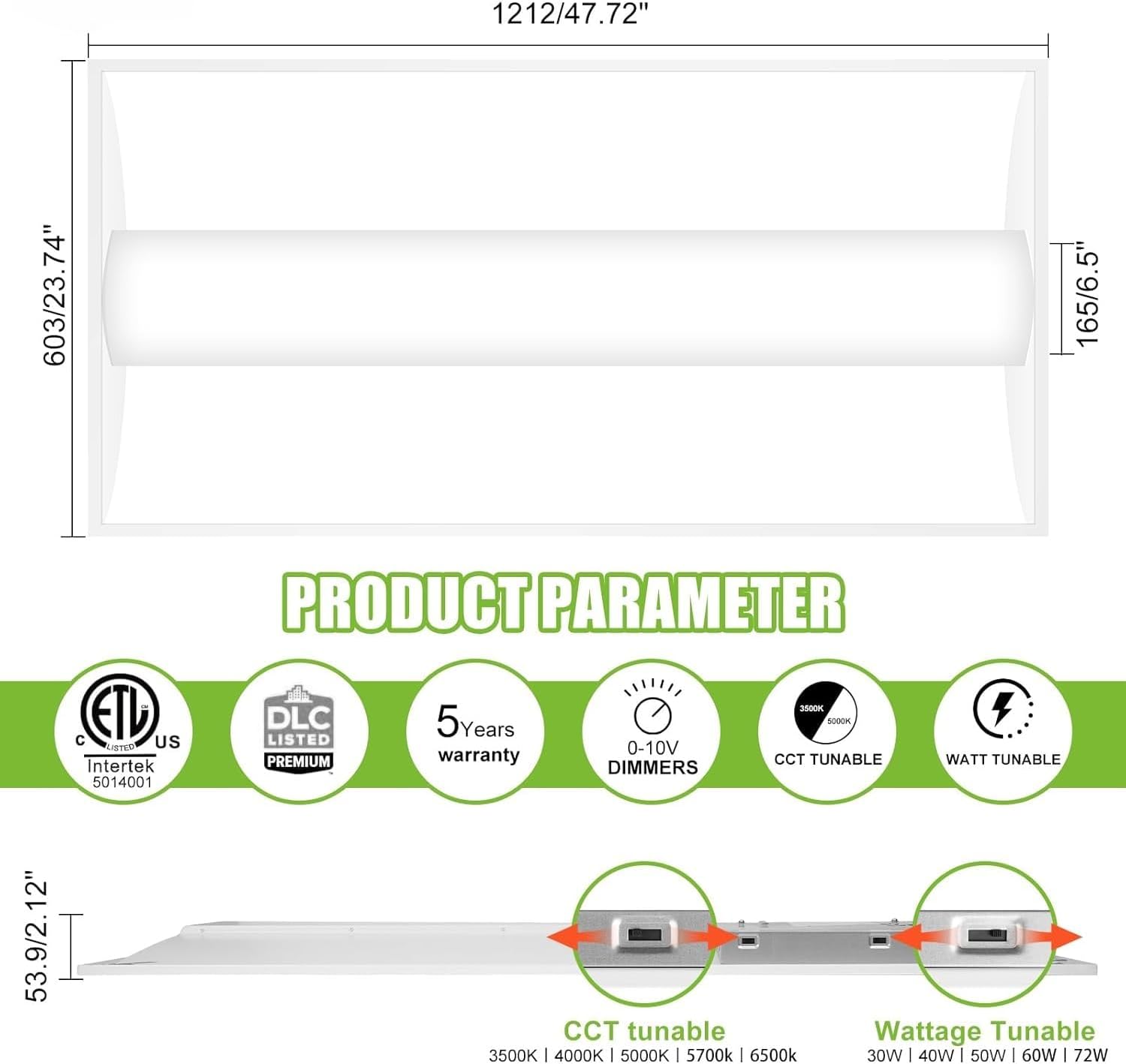 2x4 FT 4 Pack LED Troffer Center Basket Panel Ceiling Office Light Fixture, 5 Color Tunable 3500K/4000K/5000K/5700K/6500K, 0-10V Dimmable Chandeliers, ETL+DLC 5.1 Certified