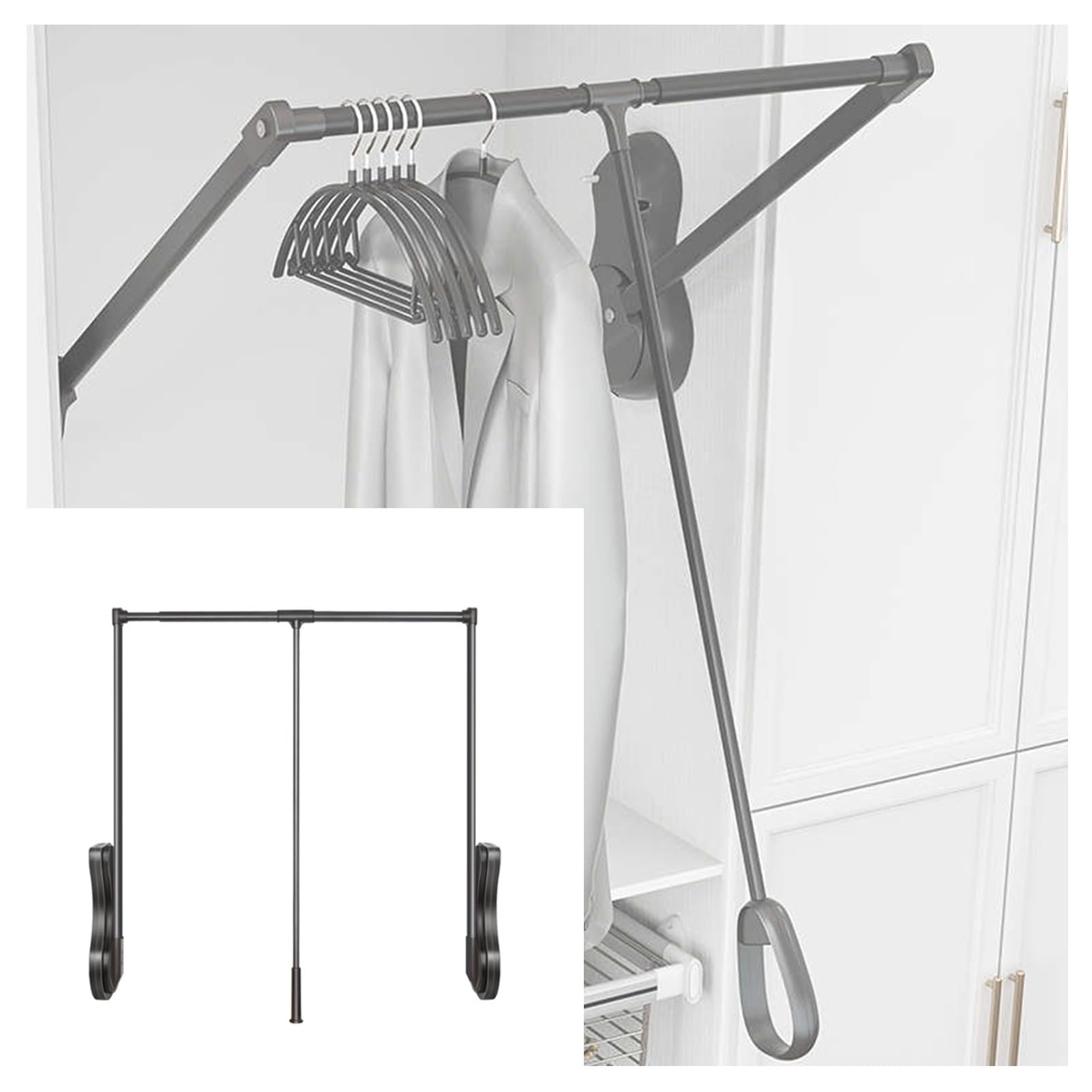 GTHTUHFD Pull Down Closet Rod,Pull Down Hanging Rail,Adjustable Width 480-1100Mm Organizer,With Pneumatic Buffer,For Hanging Clothes Load-Bearing 20Kg,Black,700,900Mm Black-900