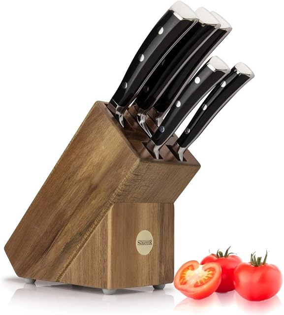 5 Piece Professional Sabatier Knife Block Set - Solid Wood Block, Full Tang, Quality High Carbon Steel Taper Ground Blades, Triple Rivet Comfort Handles. Sharper for Longer. by Taylors Eye Witness
