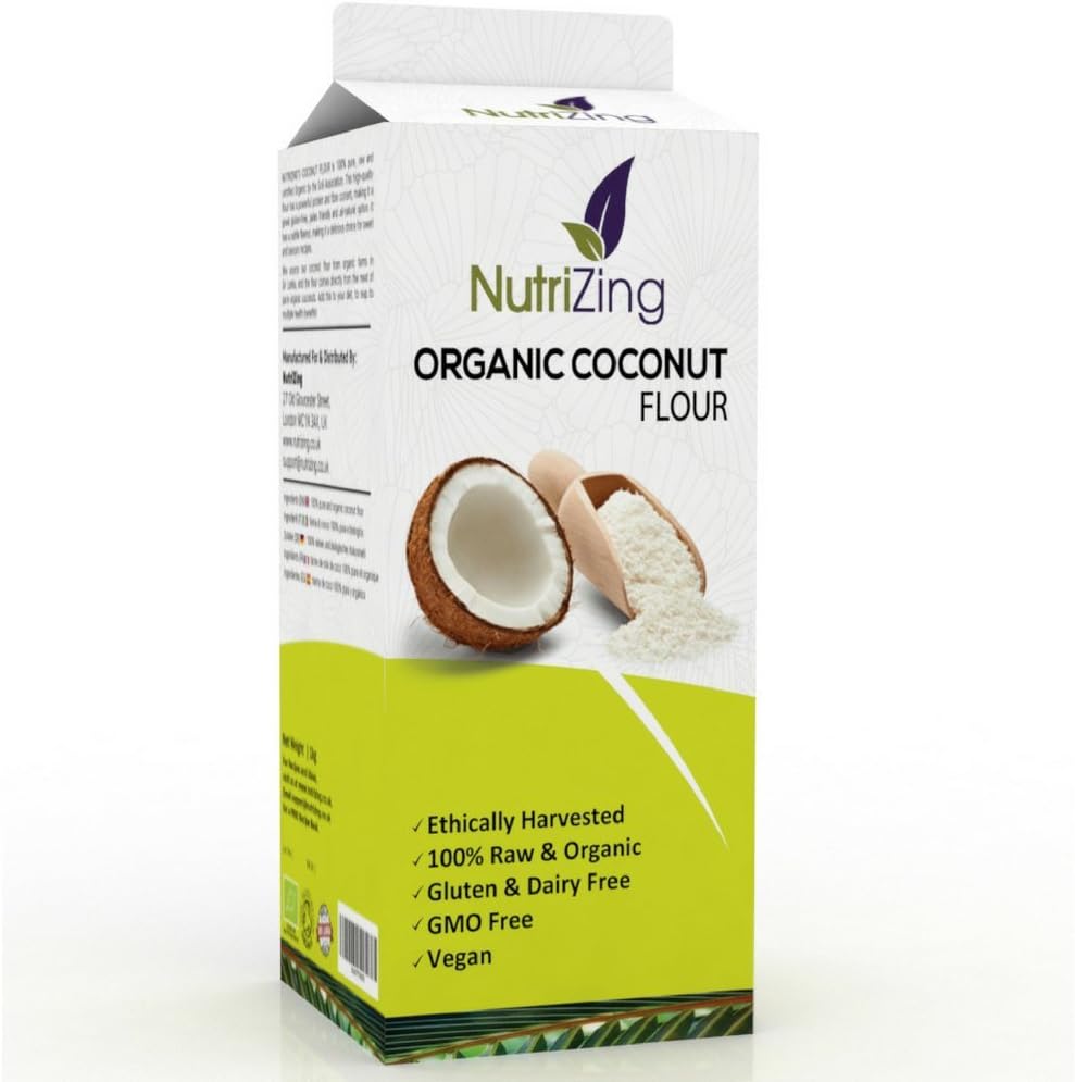 NutriZing's Organic Coconut Flour. Premium Resealable 1kg Pouch. 100% Raw & Natural, with Zero additives. Certified by Soil Association. Suitable for Vegans as a Great Alternative to Wheat and Soy.