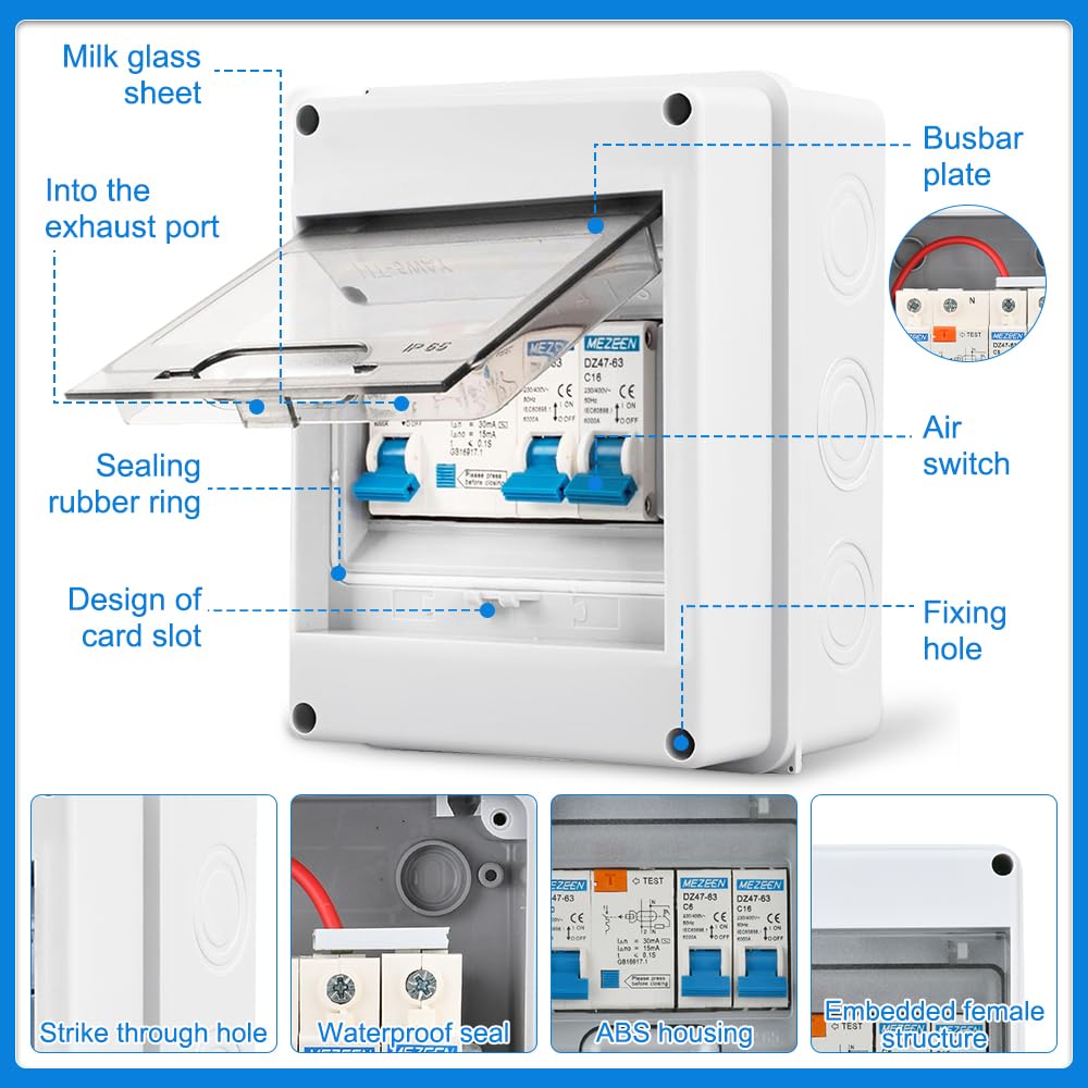 Caja Cuadro Electrico con Magnetotermico 32A, IP65 Impermeable 5 Vías Cuadro Electrico Superficie con Protección Contra Fugas, Cajas Magnetotérmicos con Interruptores Diferenciales