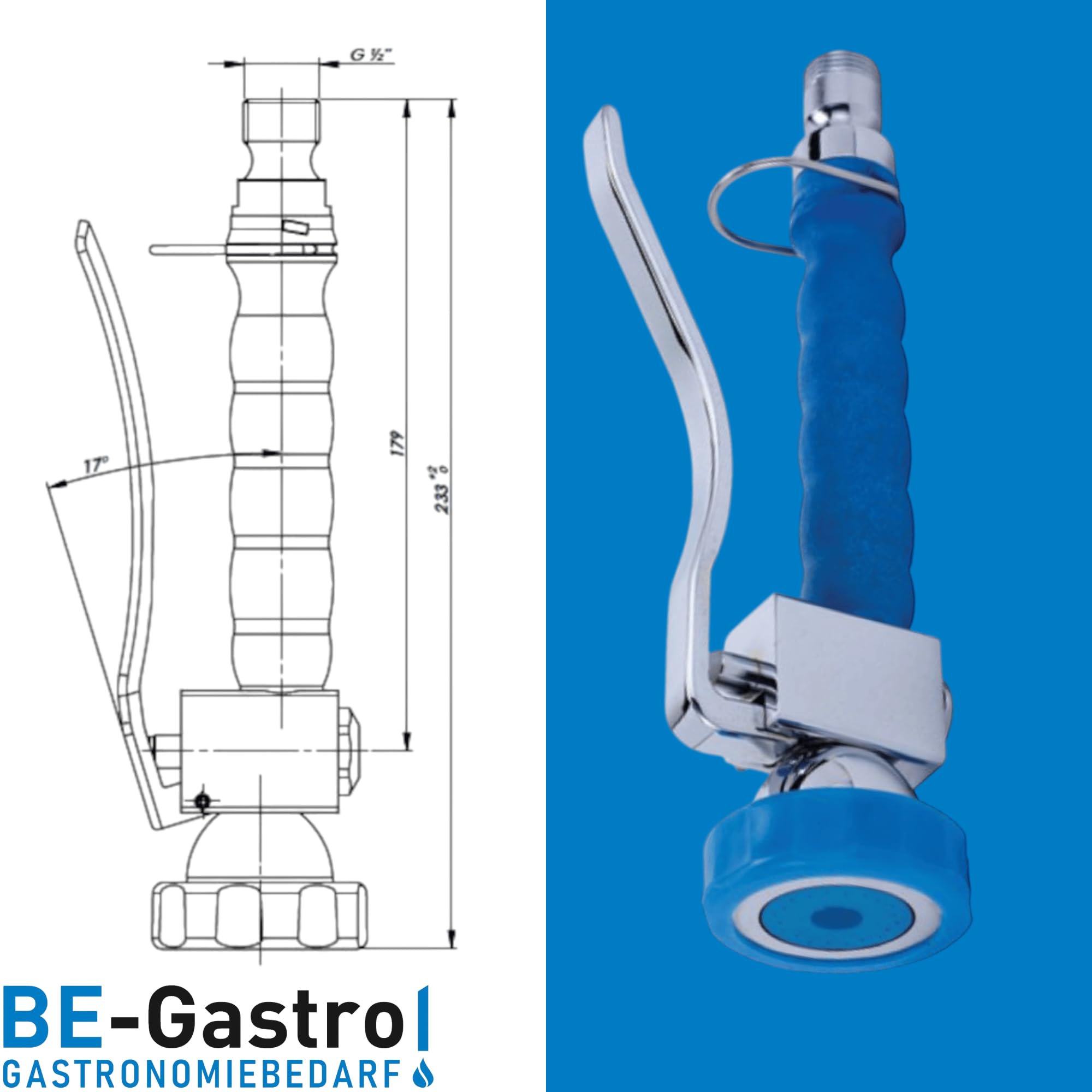 BE-GASTRO I Grifo Industrial Hostelería - Alcachofa de ducha de mano (azul), incluye barra de sujeción, 1/2" Standard AG | Alcachofa de repuesto de acero inoxidable para alcachofa de cocina